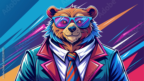 Cool-looking bear wearing a funky fashion outfit including jacket, shirt, tie, and dark sunglasses, stylishly posing in a wide banner composition with ample copy space on the side