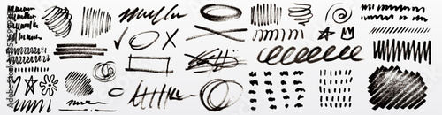 Abstract black crayon scribbles set isolated on white background. Vector realistic illustration of charcoal pencil or marker doodles, wavy bold and thin lines, curvy hand drawn frames, kids squiggles