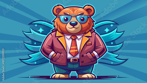 Stylish bear character dressed in fashionable clothes with a jacket, shirt, tie, and dark shades, posing confidently in a wide horizontal banner layout with empty space for text