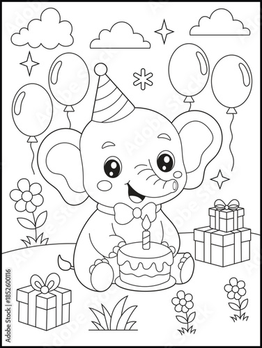 Birthday Elephant Coloring Page for Children. Cute Baby Animal with Cake Printable.  Kids Party Coloring Sheet Line Art