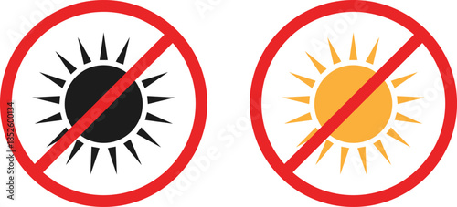 Warning sign to avoid direct sunlight exposure featuring two different sun icons