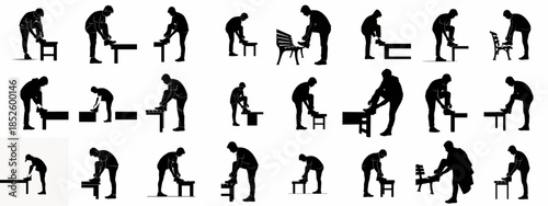 Set of vector silhouettes showing men and youth tying shoelaces, using stools, benches, and steps, isolated on white background.