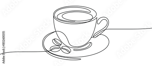 Single continuous line drawing of a cup of coffee featuring coffee beans and ceramic coaster on table for modern coffee house menus, wall art, and cafe logo design.
