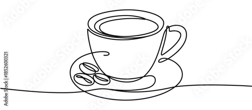 Single continuous line drawing of a cup of coffee featuring coffee beans and ceramic coaster on table for modern coffee house menus, wall art, and cafe logo design.