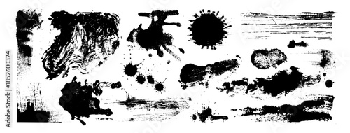 Doodle grunge textures with splatter paint effects, ink spray and brush strokes. Vector collection of abstract stains, rough blot patterns and squiggle graphic elements for creative backgrounds.
