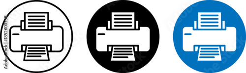 Collection of three printer icons showcasing outline, solid black, and blue styles for print functions