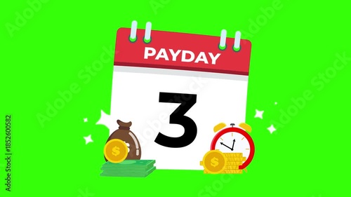 3rd, 12th, 31st Payday Calendar with Money Bag and Alarm Clock on Bright Green Background