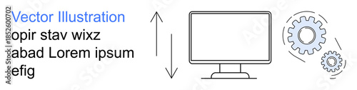 Technology, automation, system settings, software development, workflow optimization, data processing. Computer monitor with gear icons. Technology and automation concepts