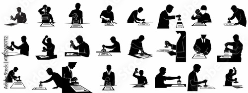 A collection of black silhouettes depicting people and professionals stamping official documents and legal papers, symbolizing approval, authorization, and business bureaucracy.
