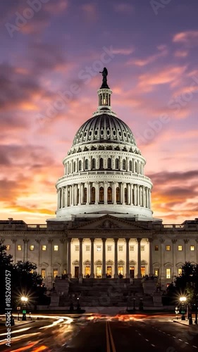 Grand white domed building with columns, statue atop, blurred people on steps, golden light