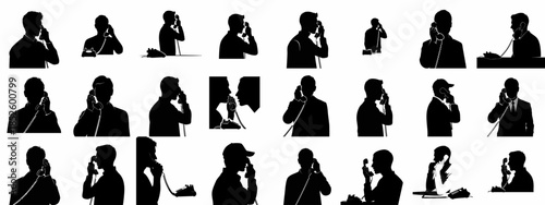 Collection of Black Silhouettes Featuring Men Communicating on Classic Corded Telephone Handsets for Business and Customer Service Illustrations.