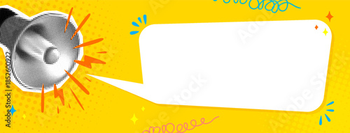 Pop Art Megaphone Halftone Textured Banner, Speech Bubble, Doodle Elements, Scribbles on Bright Yellow Comic Background. Social Media Bold Announcement Template with Copy Space. Vector Illustration