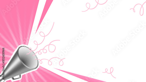 Megaphone Speech Collage Pop Art Flyer. Pink Halftone Rays Doodle Swirls on White Copy Space Background. Minimal Comic Style Announcement Poster. Dynamic Social Media Banner. Vector Illustration