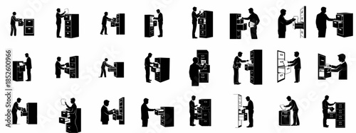 Set of Black Silhouettes of People Interacting with Filing Cabinets for Office Document Management and Archive Organization.