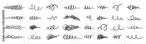 Scribbles Hand Drawn Line Doodle Strokes Set. Abstract Ink Swirls, Swashes, Curly Lines and Sketch Marks for Dividers, Highlights, Minimal Decorative Collage Elements. Vector Design.