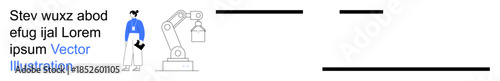 Automation, robotics, industry, manufacturing, human-machine collaboration, technology. Robotic arm and worker holding a control device. Automation and robotics concepts for industrial innovation