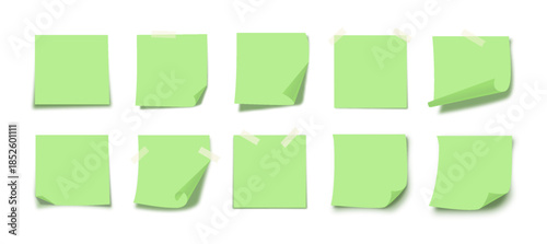 Green Sticky Notes Empty Template Pack with Folded Corners and Adhesive Tape. Minimal Clean Paper Memo Cards for Productivity Organization. Creative Office Blank Note Sticker Set. Vector Illustration