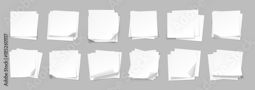 Blank Paper Sheets Stack Mockup Set with Realistic Shadows. Clean Empty Page with Curled Corners, Memo Sticky Notes, To Do List Minimal Template for Business and Office. Top View. Vector Illustration