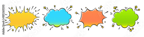 Comic Speech Bubble Set with Colorful Pop Art Clouds Explosion. Cartoon Callout Halftone Texture Shapes for Wow, Bang, Boom Text effect, Expression Messages and Stickers. Vector Illustration
