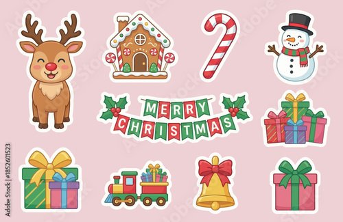 Christmas Sticker Set: Reindeer, Gingerbread House, Snowman, and Gifts