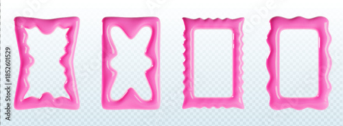 3d y2k frame set with scallop wavy edges in glossy pink plastic texture. Rectangle borders with melted, curved and zigzag shapes for nostalgic graphic layouts or decorative text box designs.