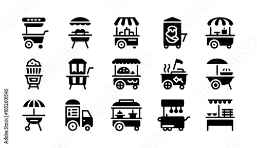 Street food cart and mobile food stall icon set in solid black flat design