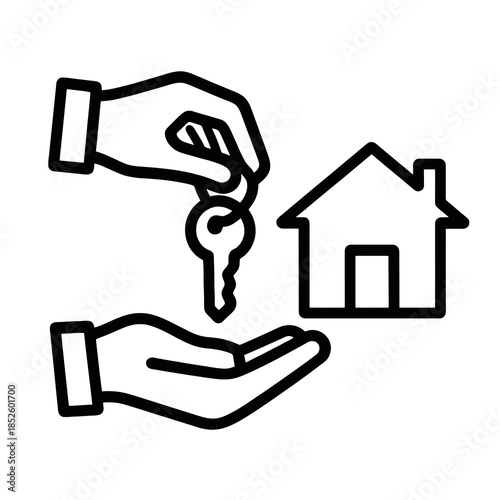 Thick-outline icon showing key handover to a house, ideal for relocation services, moving-in processes, real estate transfers, and home delivery or logistics platforms.