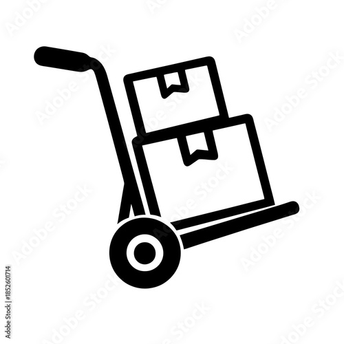 Thick-outline hand truck with boxes icon, ideal for relocation services, moving companies, packing workflows, and home delivery or logistics platforms.