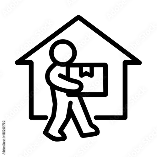 Thick-outline icon of a person carrying a moving box near a house, ideal for relocation services, moving company websites, home delivery apps, and logistics interfaces.