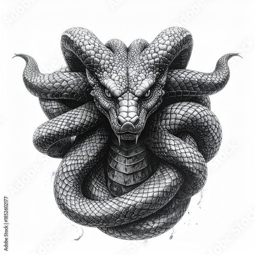 A coiled serpent-like creature with horns and a menacing gaze