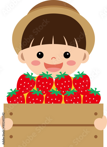 딸기상자를 들고 있는 어린이