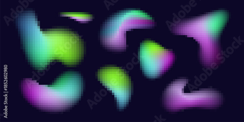 Abstract bitmap dotted gradient blob shapes with iridescent pixel pattern on dark background. Organic flowing forms with stippled raster texture for modern digital artwork and graphic design projects.