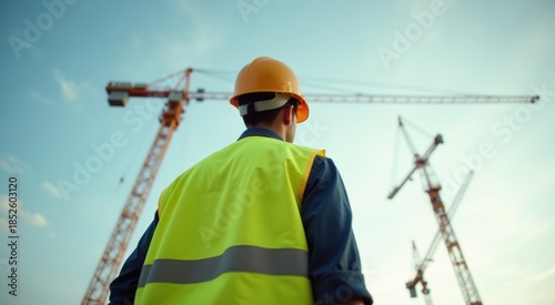 Construction worker in safety vest and hard hat talking on cell phone