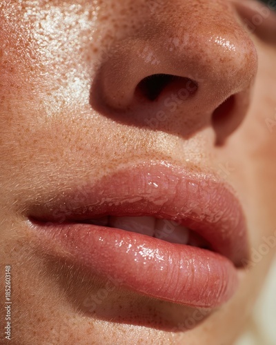 Close-up macro shot of a woman's face with freckles and glossy lips in natural sunlight