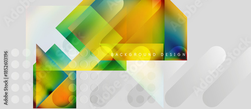 Abstract geometric shapes, vibrant colors, gradients. Modern design with subtle halftone pattern, clean aesthetic.