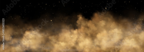 Yellow smoke clouds with sparks flying in air. Vector realistic illustration of transparent mist rising above fire, fiery heat rising up with cinder particles, burning flame haze overlay effect