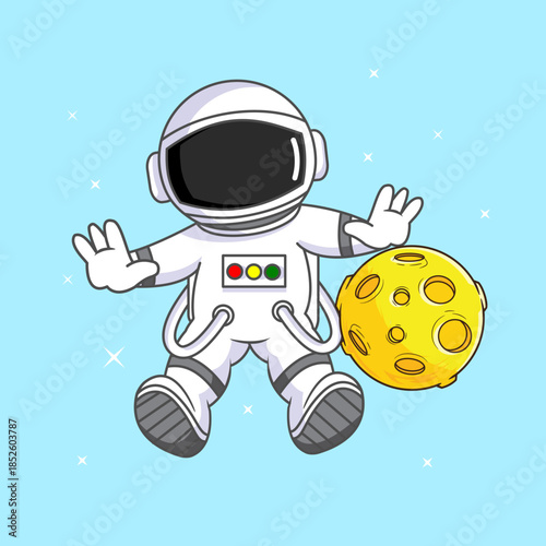 Cute Astronaut Floating in Space with a Moon Vector Illustration Cartoon Design
