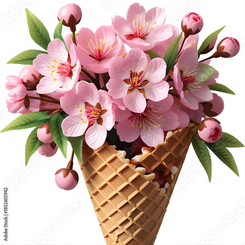 A bouquet of pink Cherry Blossoms arranged inside a waffle ice cream cone, blending floral and dessert aesthetics. isolated on white background. Generative AI