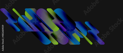 Abstract shapes overlap, creating vibrant gradients. Blue, purple, green hues dominate dark background. Modern design elements present.