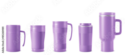 Purple tumbler set with realistic travel mug mockup. Thermal insulated cup set with handle and lid for coffee or water. Stainless steel thermos bottles, reusable flask designs for corporate branding