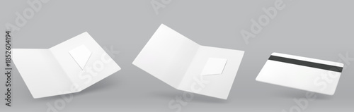 Hotel keycard mockup set with blank white plastic cards and magnetic stripe on gray background. Realistic 3D room key template collection with holder for branding or membership design.