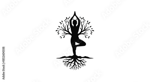 Yoga woman silhouette in tree pose with roots and leaves, symbolizing balance and harmony in nature, wellness concept