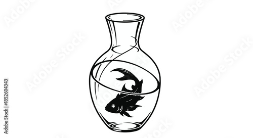 Black and white illustration of a fish swimming in a clear glass vase with narrow neck and rounded body on white background