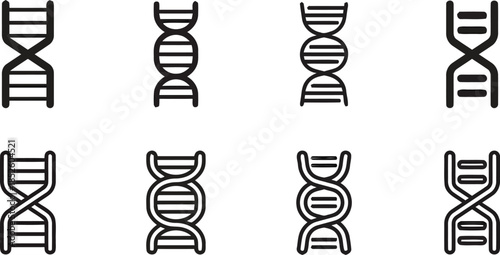 DNA strand symbols in various black and white designs representing genetic material for use in science medical and research projects