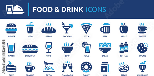 Food and drink icons set showcasing diverse cuisine and beverages as vector illustrations depicting burger pizza and coffee along with cocktails salads and desserts options