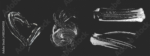 Foam glass stain soap texture with bubble pattern and sponge water smear overlay on dark transparent background. Soapy clean streaks with organic shapes - heart, circular swirl and horizontal streaks.