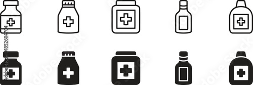Set of Medical Bottle Icons Isolated on Transparent Background Outline and Glyph Style Treatment Pharmaceutical Healthcare Vial Capsule Container Liquid Prescription