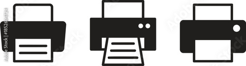Set of three modern printer icons in solid style, depicting different models with paper output, ideal for office equipment, technology, and business-related designs