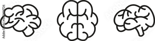 Set of three brain icons in outline style, depicting different views of the human mind suitable for scientific, medical, and intellectual design elements