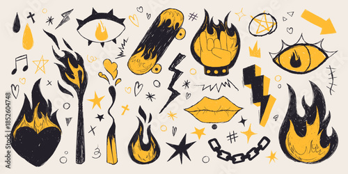 Grunge doodle flame fire vector icon set with punk rock elements - skateboard and eyes, matchsticks and lips in yellow and black colors. Hand drawn shapes for rebellious youth culture designs.
